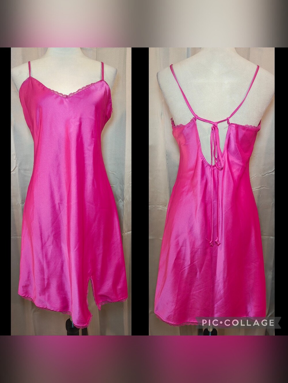Y2K Wild Fable Hot Pink Satin Slip Dress w Lace Trim & Thigh Slit.